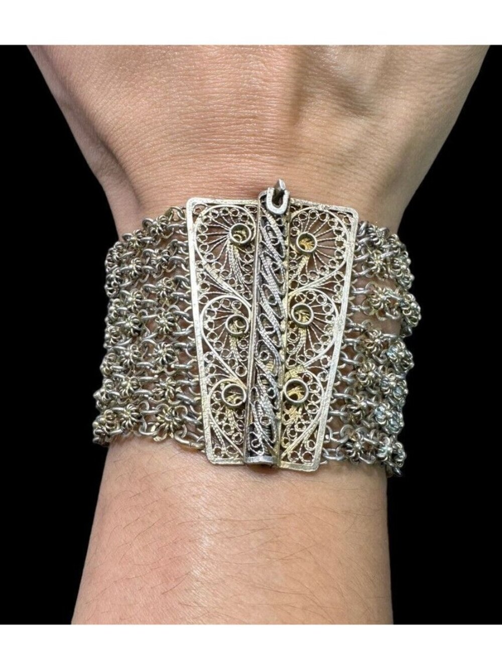 Antique Art Deco Sterling Silver Filigree Flower Bracelet 7 Row Floral Accents